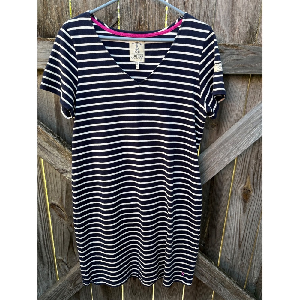 Joules Riviera V Neck Navy Blue White Striped T-Shirt Dress US 12 204808